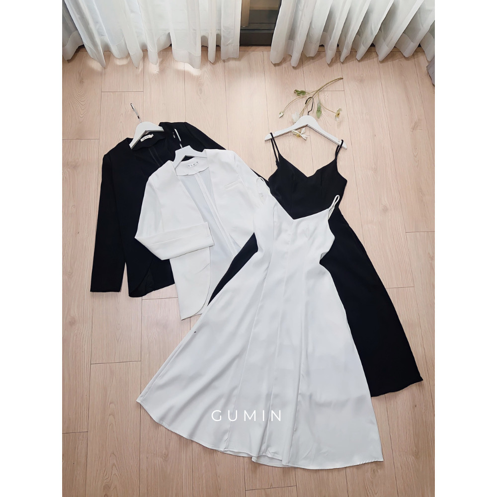 Set choàng nữ GUMIN 2 món váy maxi hai dây mix áo khoác dài tay thu đông sang chảnh dự tiệc