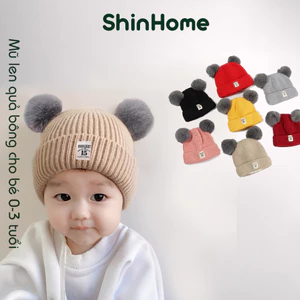 Mũ nón len trẻ em 2 quả bông chất dày mịn cho bé trai bé gái sơ sinh 0 - 2 tuổi ShinHome