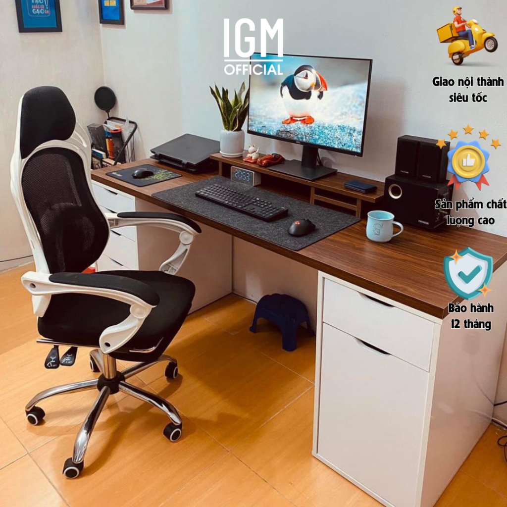 Bàn làm việc IGM 2 tủ - 1 tủ 1 ngăn kéo 1 cánh ( hoặc tủ to ) + 1 tủ 5 ngăn Chất Liệu Gỗ MDF Phủ Melamine Cao Cấp