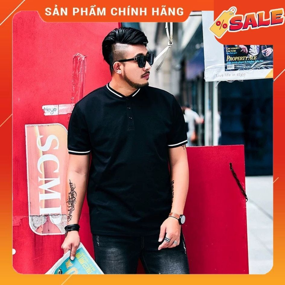 Áo polo cổ trụ Big Size đen cotton 100%  nhấn line, vải Cotton Co giãn nhập khẩu, Bền màu, Thấm hút mồ hôi