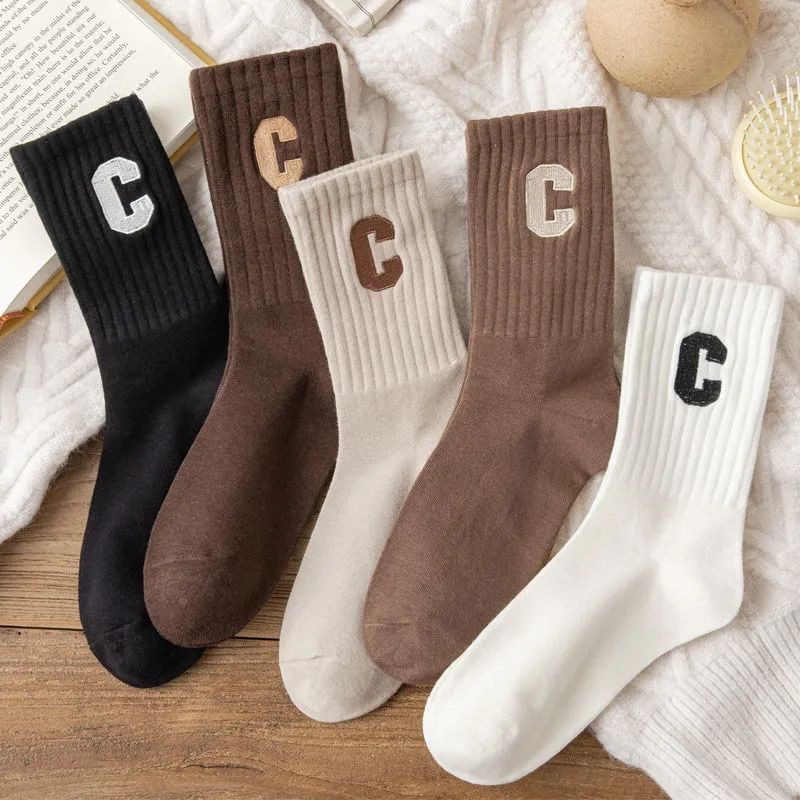Set 5 Đôi Tất chữ C nhiều màu - Tất, Vớ cổ cao hoạ tiết chữ C chất liệu cotton co giãn thoáng khí