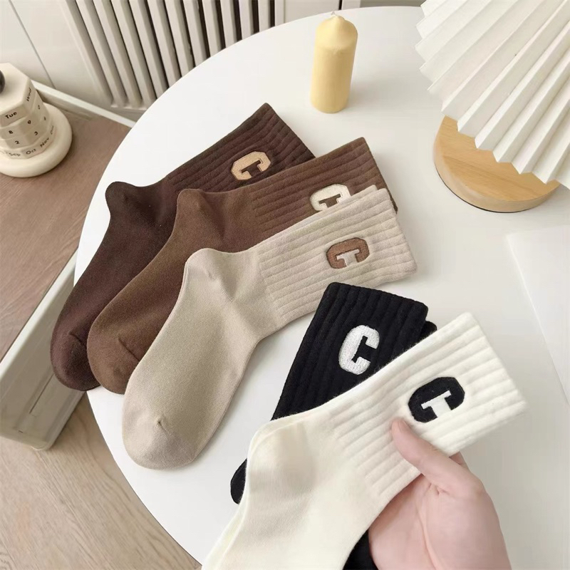 Set 5 Đôi Tất chữ C nhiều màu - Tất, Vớ cổ cao hoạ tiết chữ C chất liệu cotton co giãn thoáng khí