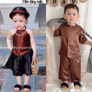 Sét cặp cho bé - bé trai chất Lụa mềm mại + bé gái gồm áo Lụa + chân váy vải taffta + tặng kèm mấn xinh xắn