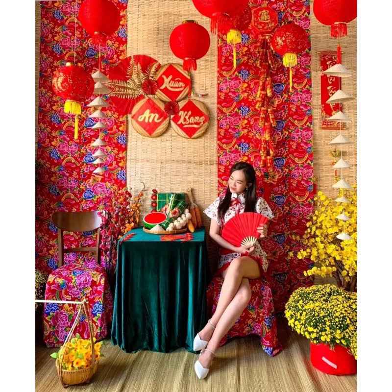 Vải con công trang trí , vải nhung đỏ Tết lễ hội Trung thu