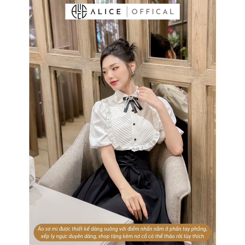Ảnh Set Áo Sơ Mi Chân Váy Dài ALICE Đồ Công Sở Tay Phồng Xếp Ly Ngực Kèm Chân Váy Cạp Cao Xòe S296 3