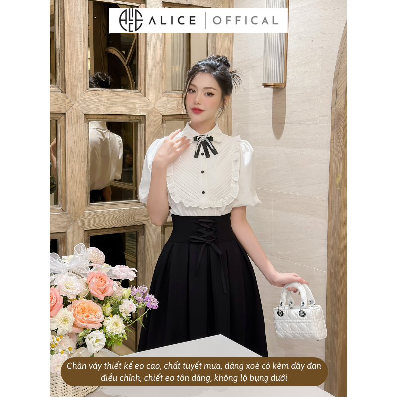 Ảnh Set Áo Sơ Mi Chân Váy Dài ALICE Đồ Công Sở Tay Phồng Xếp Ly Ngực Kèm Chân Váy Cạp Cao Xòe S296 4