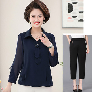 Bộ Đồ Voan Mùa Xuân Áo Sơ Mi Tay Dài Kết Hợp Quần Dáng Đứng Cho Mẹ AB37