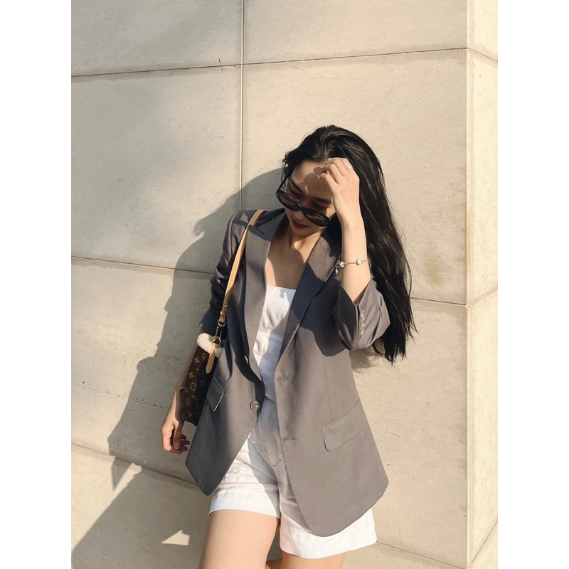Áo blazer nữ [MAY THEO SỐ ĐO] -áo khoác vest -chất liệu cao cấp, 2 lớp-lót lụa, XÁM, form 4 nút -Tiệm may Diluclothing