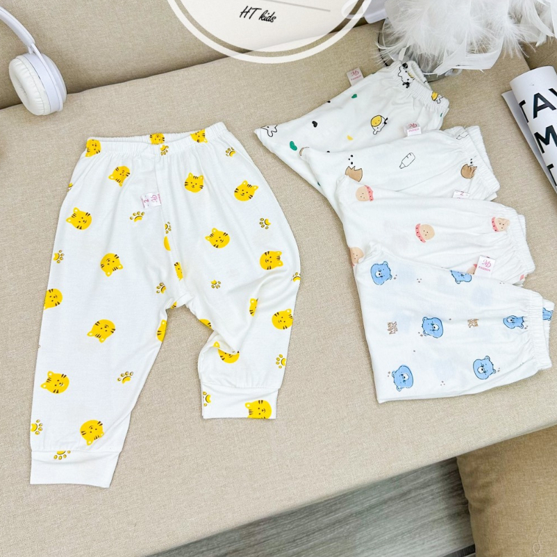 Quần dài chục đáp đũng cho bé trai bé gái chất thun lạnh nền trắng họa tiết thú đáng yêu 4-14kg mesocshop