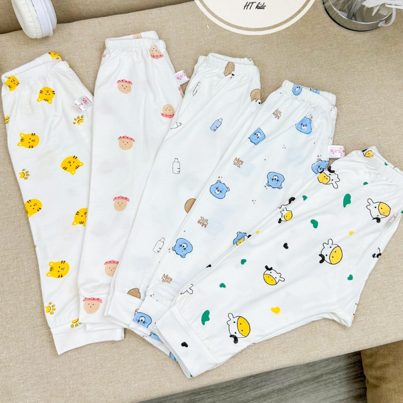 Quần dài chục đáp đũng cho bé trai bé gái chất thun lạnh nền trắng họa tiết thú đáng yêu 4-14kg mesocshop