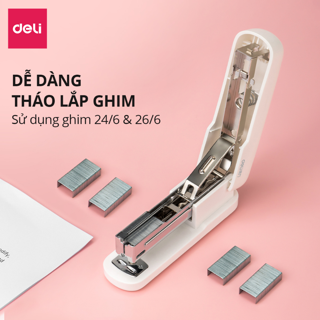 Dập Ghim Học Sinh Văn Phòng Mini Deli 25 Trang Ghim Bấm Màu Pastel Nhỏ Gọn Tiện Lợi Sử Dụng Ghim 24/6 & 26/6