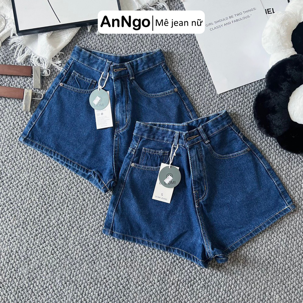 Quần short jean nữ lưng cao ống rộng, quần đùi bò không co giãn Anngo - AT344