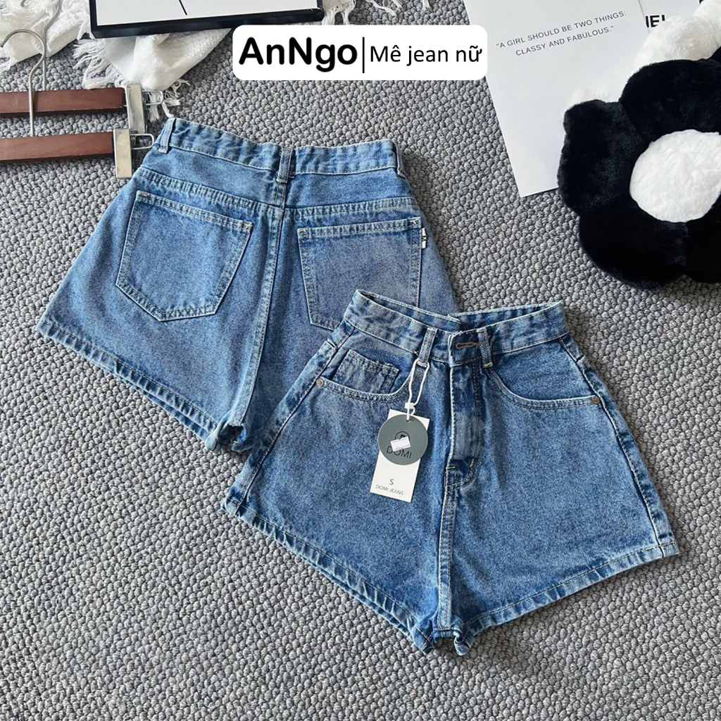 Quần short jean nữ lưng cao ống rộng, quần đùi bò không co giãn Anngo - AT344