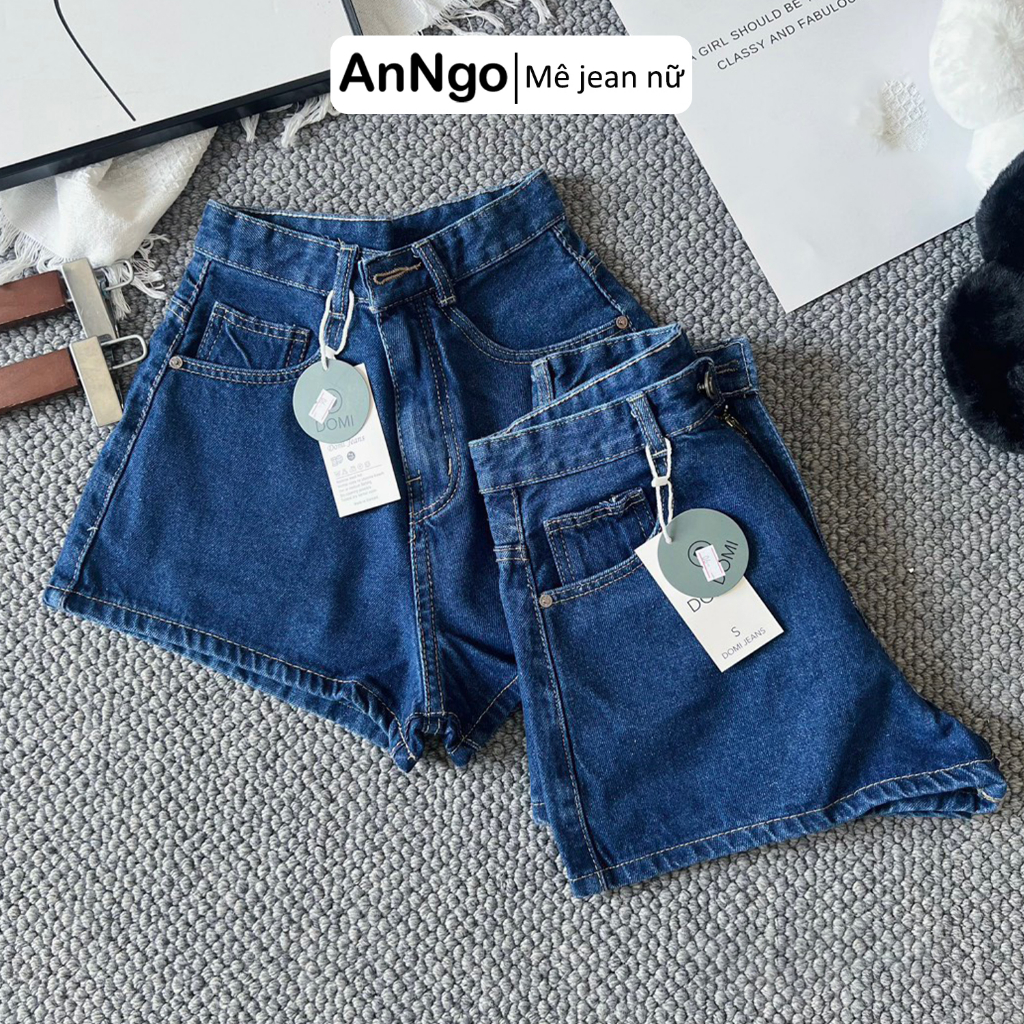 Quần short jean nữ lưng cao ống rộng, quần đùi bò không co giãn Anngo - AT344