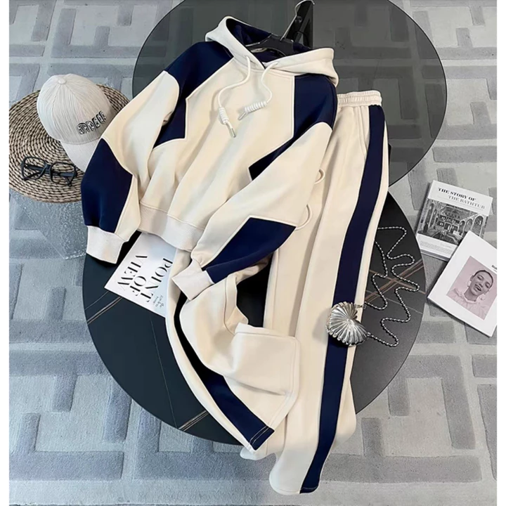 Set bộ nỉ dài tay có mũ màu kem phối xanh than xưởng may MInh Khang, bộ nỉ nữ dài tay, set bộ nữ dài tay có mũ