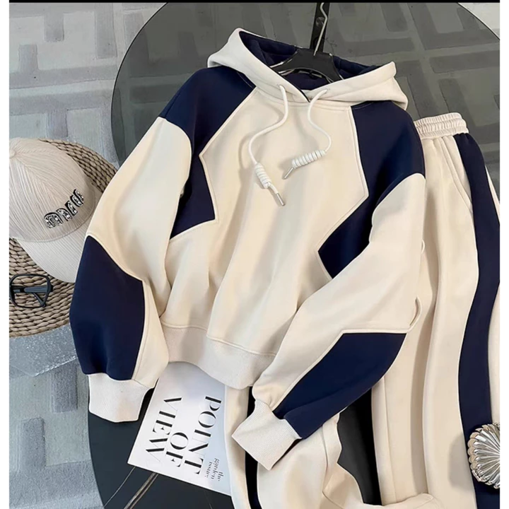 Set bộ nỉ dài tay có mũ màu kem phối xanh than xưởng may MInh Khang, bộ nỉ nữ dài tay, set bộ nữ dài tay có mũ