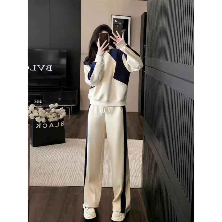 Set bộ nỉ dài tay có mũ màu kem phối xanh than xưởng may MInh Khang, bộ nỉ nữ dài tay, set bộ nữ dài tay có mũ