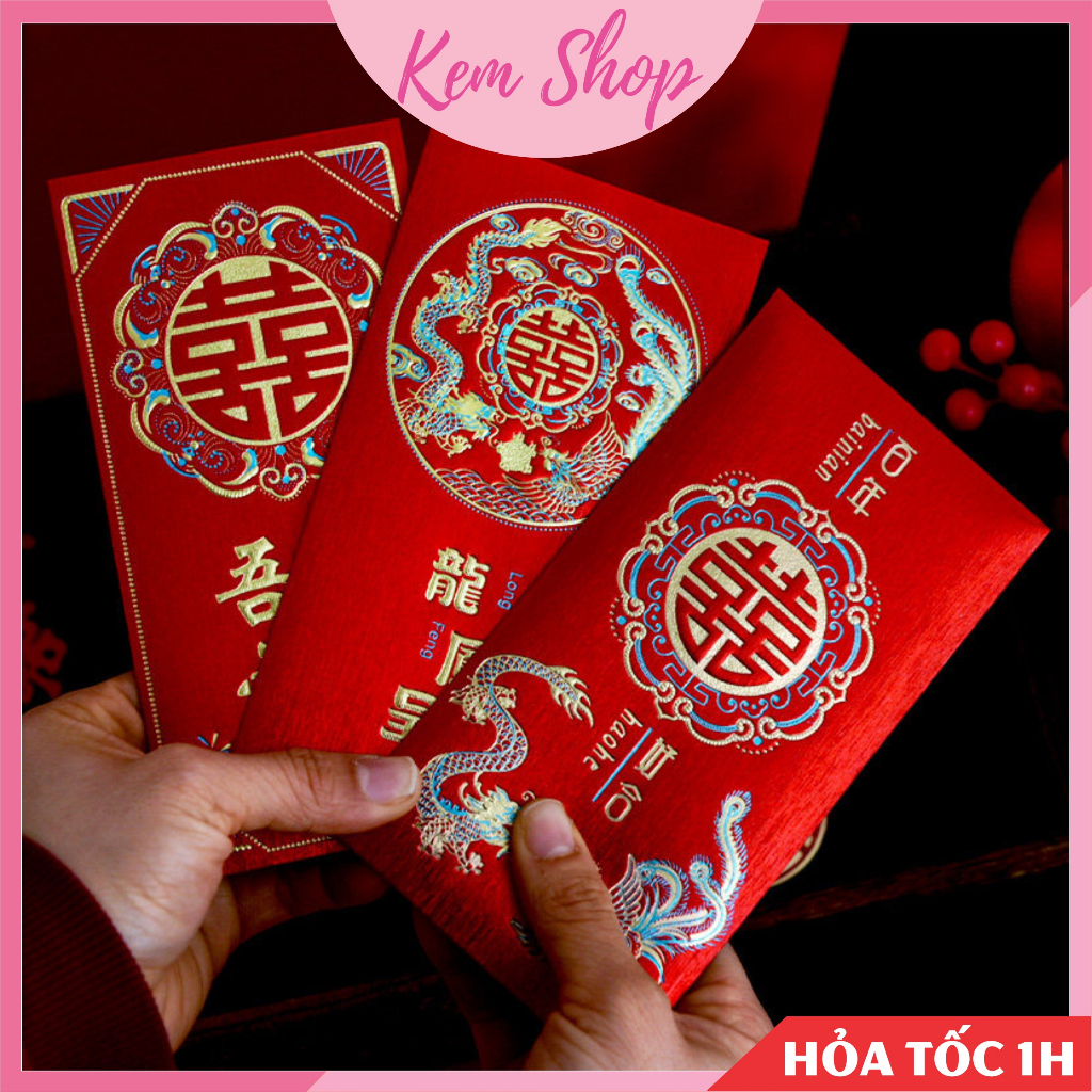 Bao lì xì chữ hỷ trao duyên họa tiết long phượng giấy nhũ dùng cho đám cưới, ăn hỏi đại lễ - Kem Shop K286