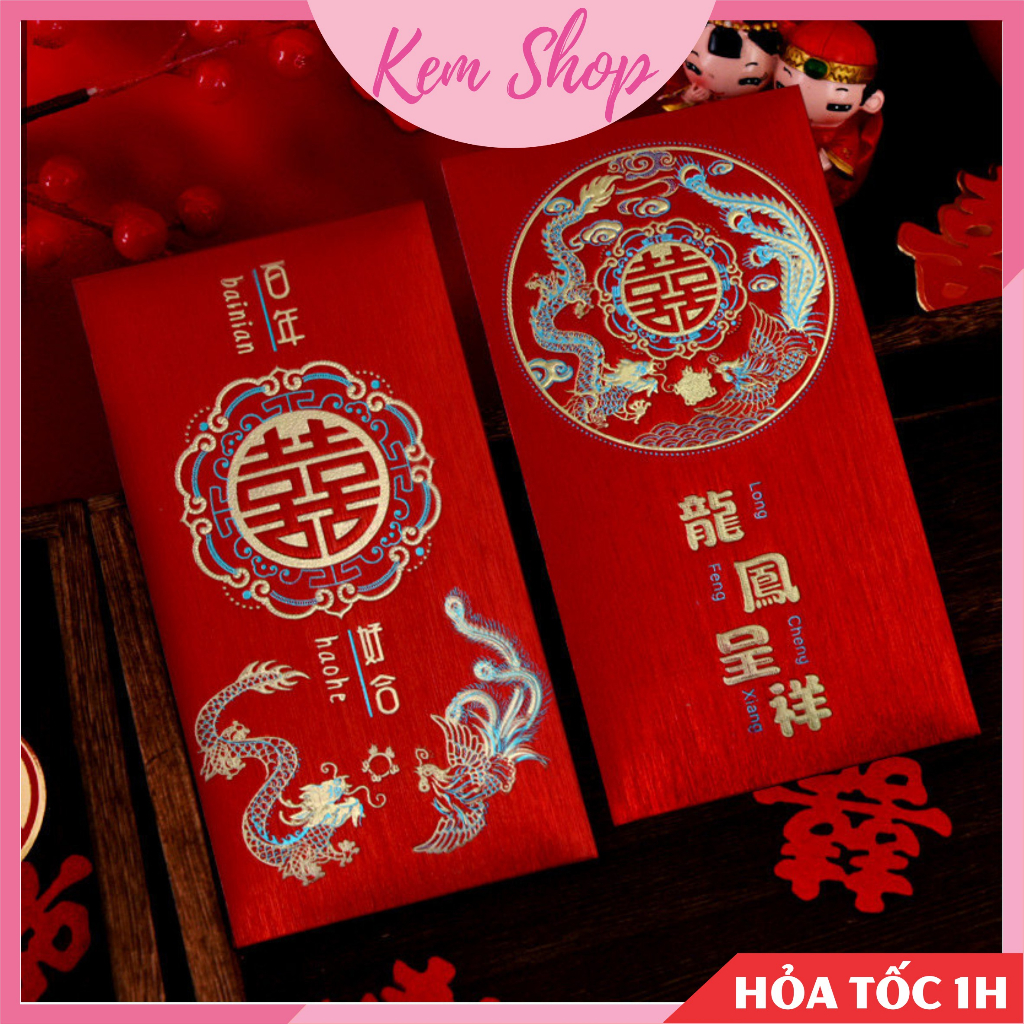 Bao lì xì chữ hỷ trao duyên họa tiết long phượng giấy nhũ dùng cho đám cưới, ăn hỏi đại lễ - Kem Shop K286
