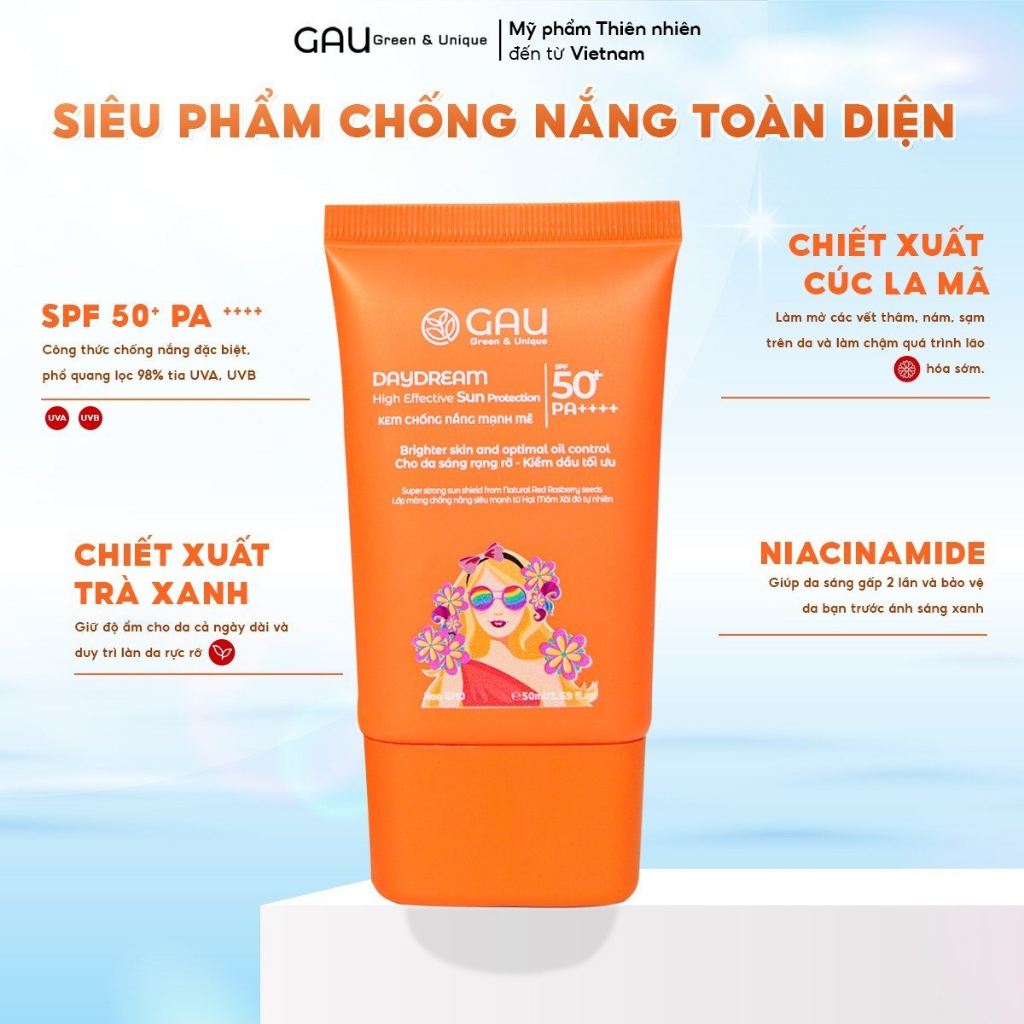 Kem chống nắng Tự nhiên Chính hãng SPF50+PA++++ GAU Mỏng nhẹ thoáng cho Da nhạy cảm cả Mẹ & Bé 50ml