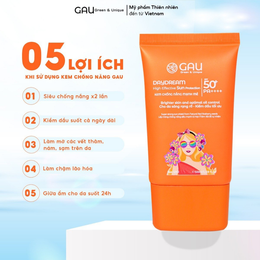 Kem chống nắng Tự nhiên Chính hãng SPF50+PA++++ GAU Mỏng nhẹ thoáng cho Da nhạy cảm cả Mẹ & Bé 50ml