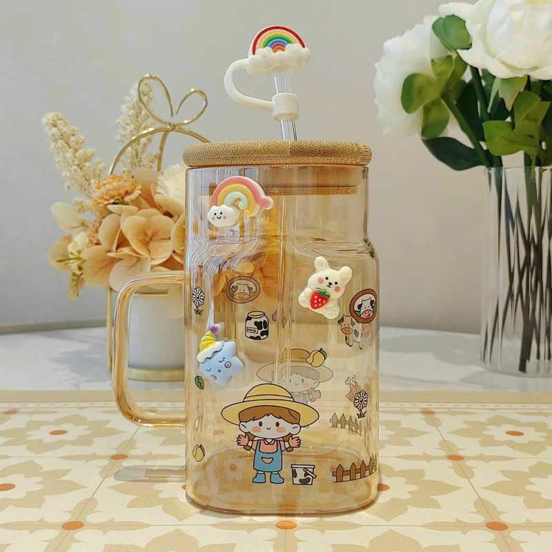 Ly thuỷ tinh lớn 620ml có nắp gỗ và ống hút chịu nhiệt tốt, ly thuỷ ...