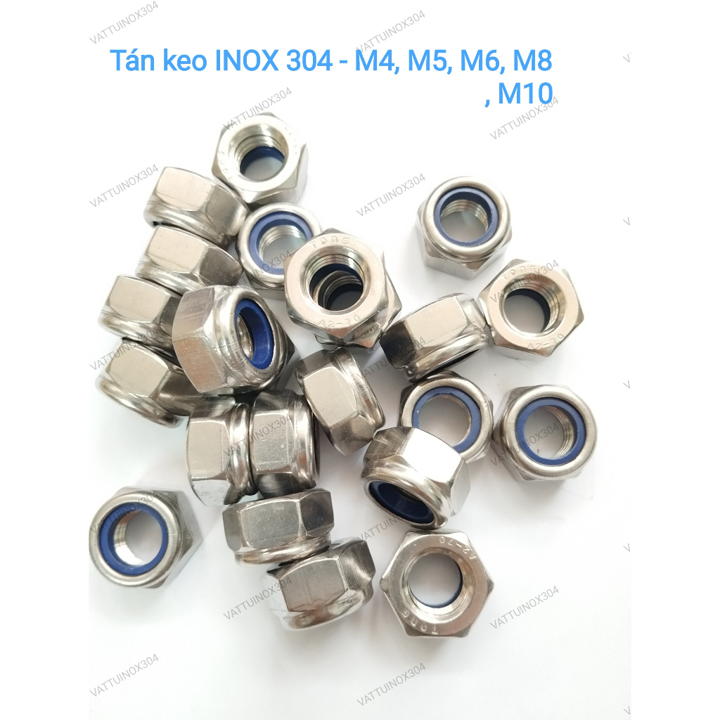 Đai ốc, Tán keo (tán chống tháo) INOX 304 - M4, M5, M6, M8, M10 (10 con ...