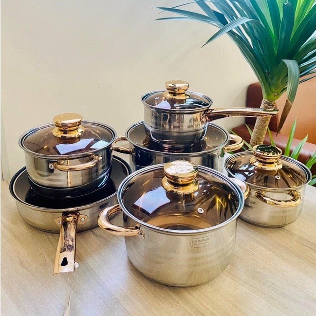 Bộ Nồi inox - chảo chống dính Đức 6 món 12 chi tiết  nắp kính ENGELBERG