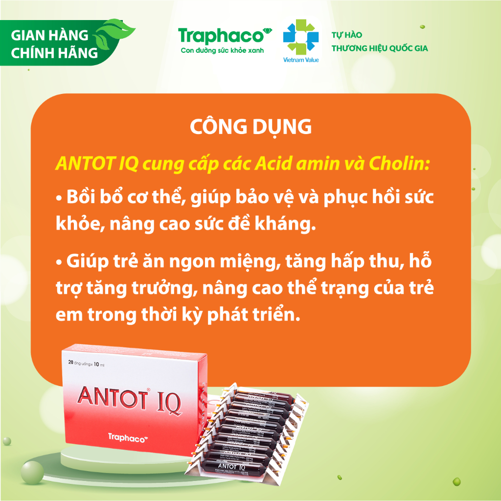 TPBVSK ANTOT IQ Traphaco- Hỗ Trợ: Phát Triển Não Bộ Tăng Khả Năng Tập Trung, Tăng Hấp Thu Hộp 20 Ống Uống x 10m | BigBuy360 - bigbuy360.vn