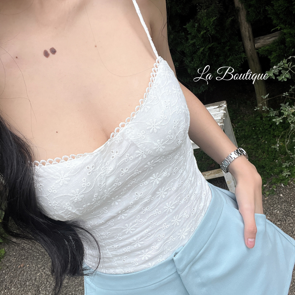 Áo Hai Dây Croptop LA BOUTIQUE Viền Trắng Ren Tiểu Thư Cúp Ngực In Họa Tiết Thêu Hoa