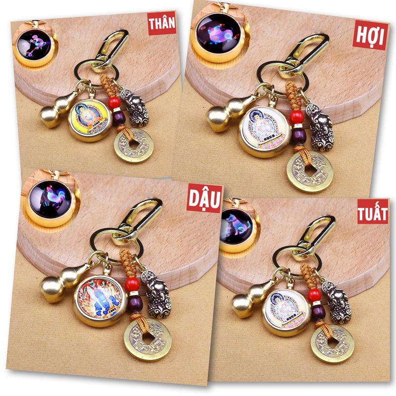 Móc Khóa 4 Món Dạ Quang Phát Sáng 12 Con Giáp, Dây Vàng 5 Đồng Xu, Quả Bầu Rỗng Mix 2 Mặt Phật Bản Mệnh