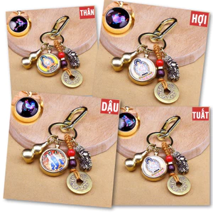 Móc Khóa 4 Món Dạ Quang Phát Sáng 12 Con Giáp, Dây Vàng 5 Đồng Xu, Quả Bầu Rỗng Mix 2 Mặt Phật Bản Mệnh
