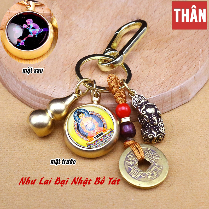 Móc Khóa 4 Món Dạ Quang Phát Sáng 12 Con Giáp, Dây Vàng 5 Đồng Xu, Quả Bầu Rỗng Mix 2 Mặt Phật Bản Mệnh