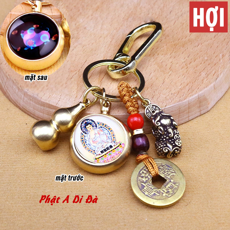 Móc Khóa 4 Món Dạ Quang Phát Sáng 12 Con Giáp, Dây Vàng 5 Đồng Xu, Quả Bầu Rỗng Mix 2 Mặt Phật Bản Mệnh