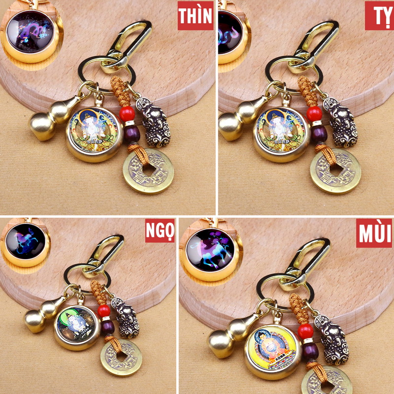 Móc Khóa 4 Món Dạ Quang Phát Sáng 12 Con Giáp, Dây Vàng 5 Đồng Xu, Quả Bầu Rỗng Mix 2 Mặt Phật Bản Mệnh