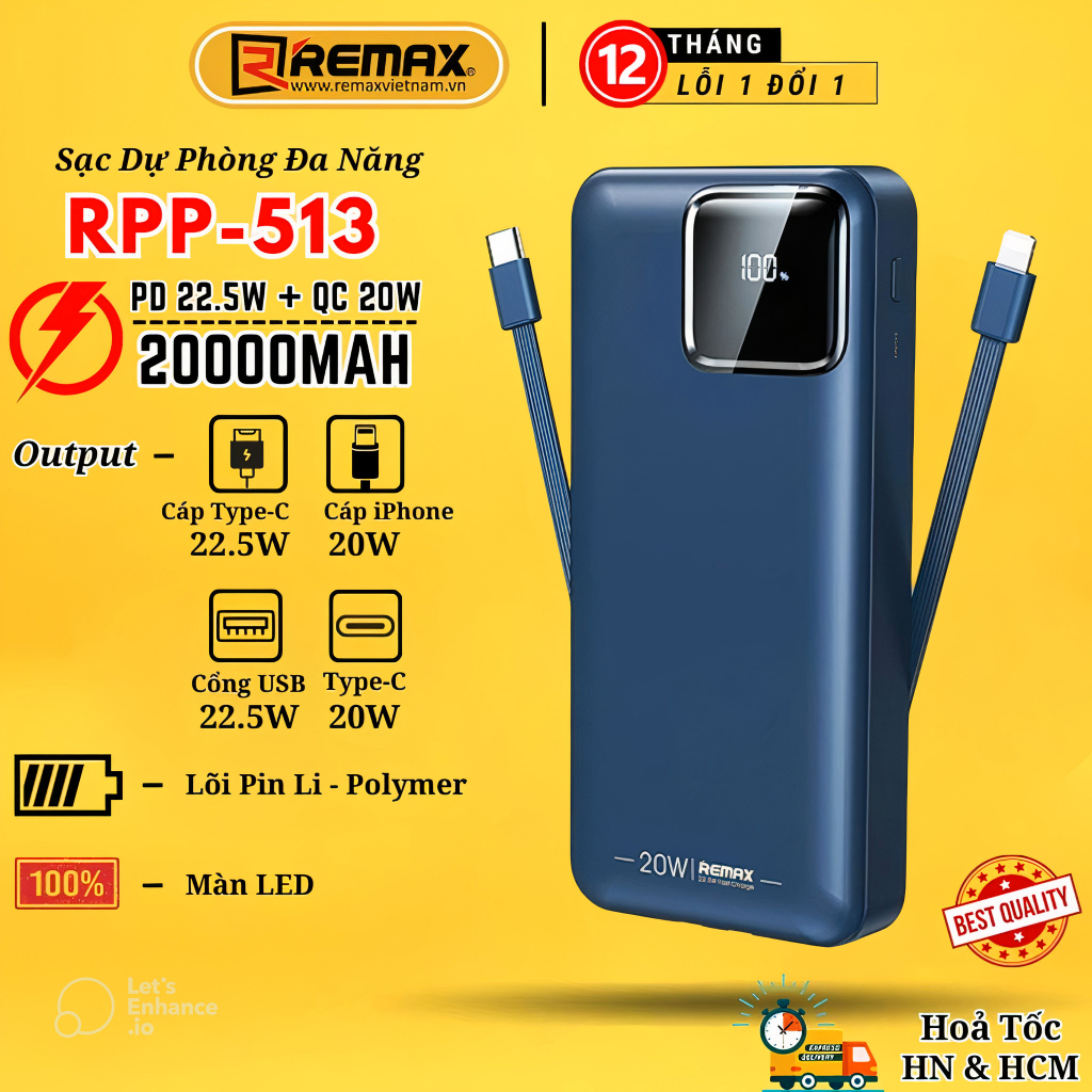 Sạc dự phòng kèm cáp 20000mAh 22.5W Remax RPP-513 Tích hợp 2 cáp sạc ...