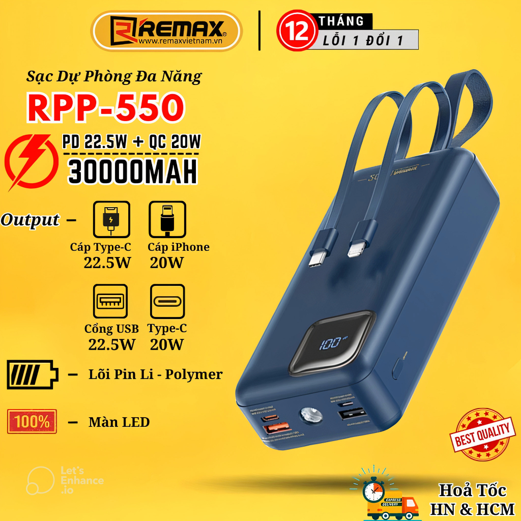 Pin sạc dự phòng kèm cáp 30000mAh 20W PD QC Remax RPP-550 Remax Bảo ...