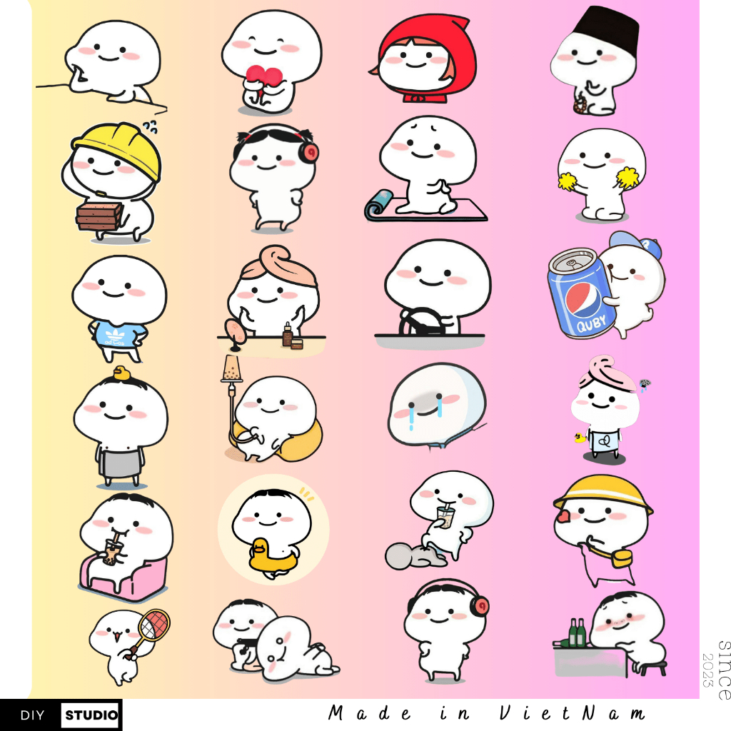 Bộ 100 sticker cute Quby chống nước mũ bảo hiểm điện thoại ly nước dụng cụ học tập