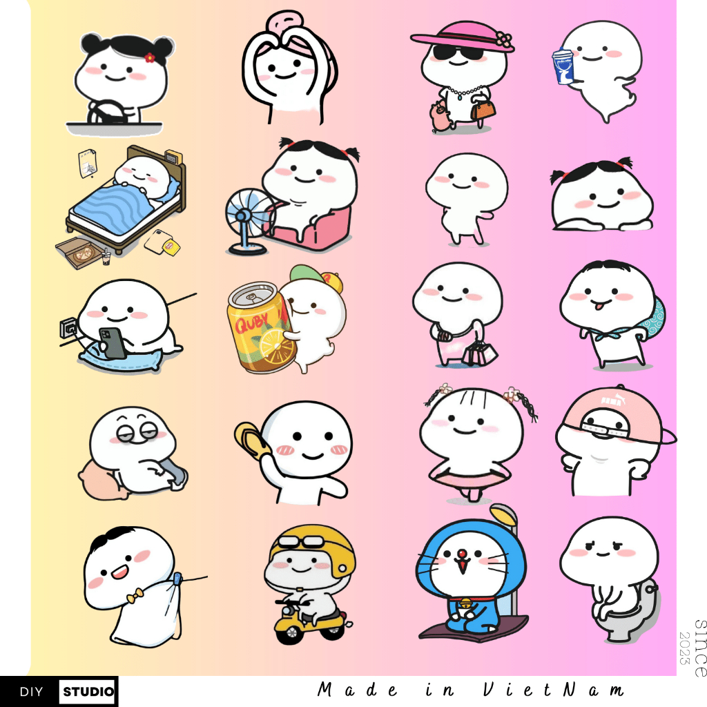 Bộ 100 sticker cute Quby chống nước mũ bảo hiểm điện thoại ly nước dụng cụ học tập