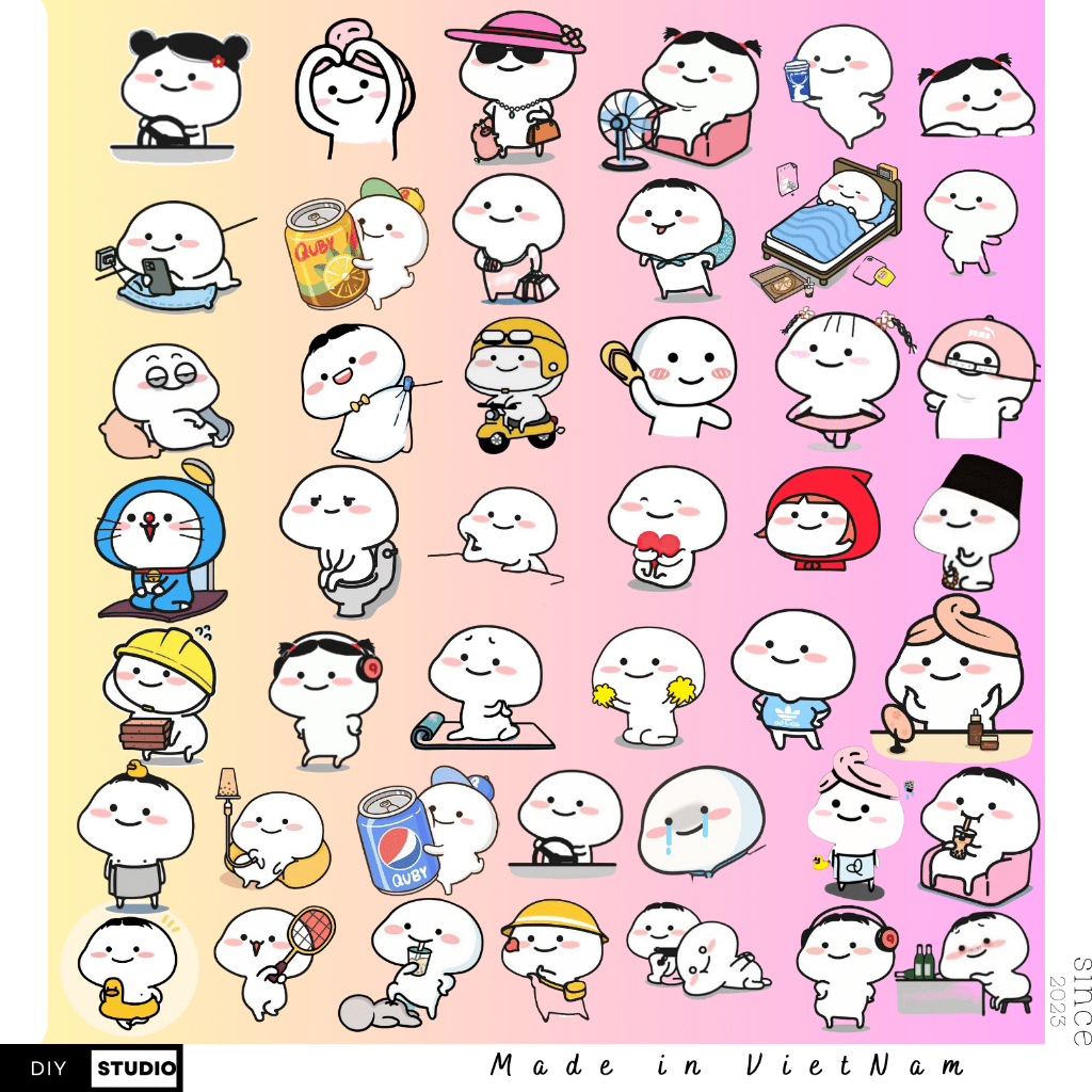 Bộ 100 sticker cute Quby chống nước mũ bảo hiểm điện thoại ly nước dụng cụ học tập