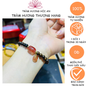 Vòng trầm hương sánh chìm hạt 6 ly mix Lu thống và điếu móc tóc đỏ, nữ, xinh đẹp.