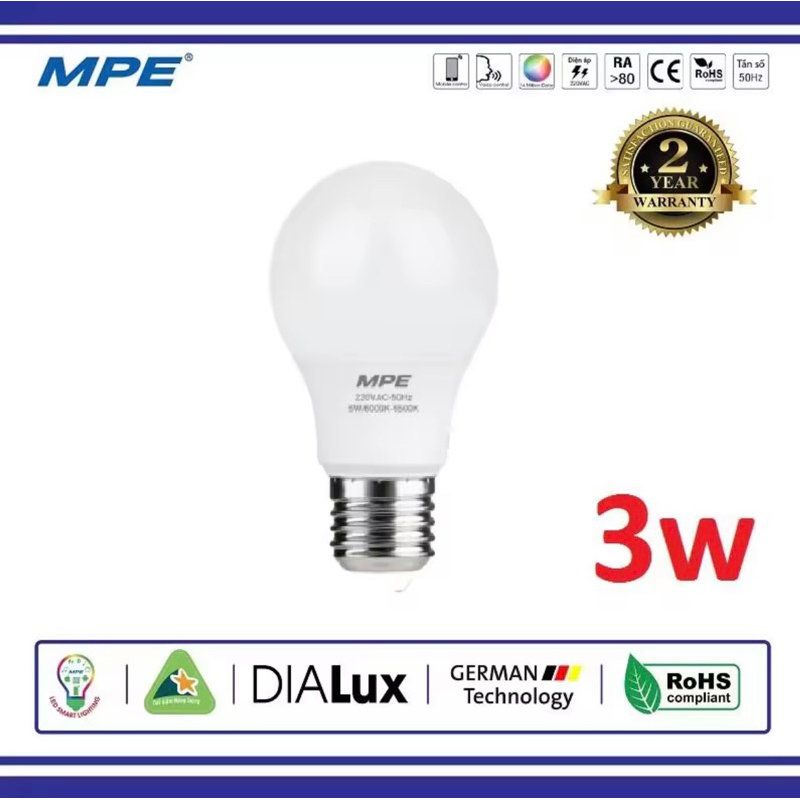 [MPE_Hàng Việt Nam] Bóng Đèn Led Bulb Tròn MPE 3W Ánh Sáng Trắng/Vàng