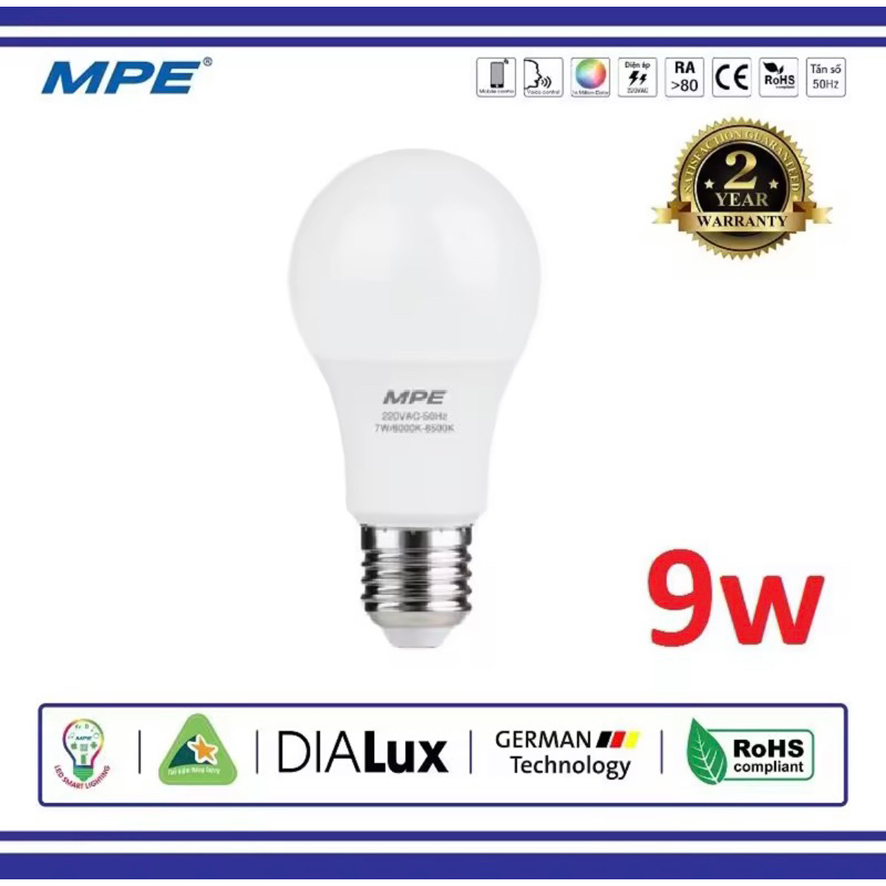 [MPE_Hàng Việt Nam] Bóng Đèn Led Bulb Tròn MPE 9W Ánh Sáng Trắng/Vàng