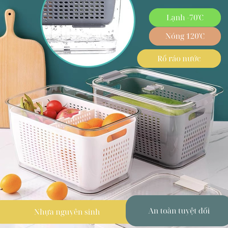 Hộp Nhựa Đựng Thực Phẩm 2 Lớp Kèm Rổ, Có Lỗ Thoát Nước Khóa Thoát Khí Dễ Dàng Bảo Quản Rau Củ