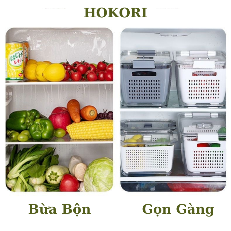 Hộp Nhựa Đựng Thực Phẩm 2 Lớp Kèm Rổ, Có Lỗ Thoát Nước Khóa Thoát Khí Dễ Dàng Bảo Quản Rau Củ