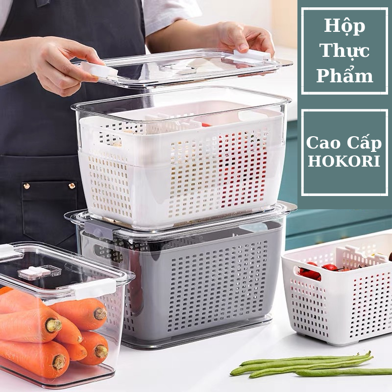 Hộp Nhựa Đựng Thực Phẩm 2 Lớp Kèm Rổ, Có Lỗ Thoát Nước Khóa Thoát Khí Dễ Dàng Bảo Quản Rau Củ