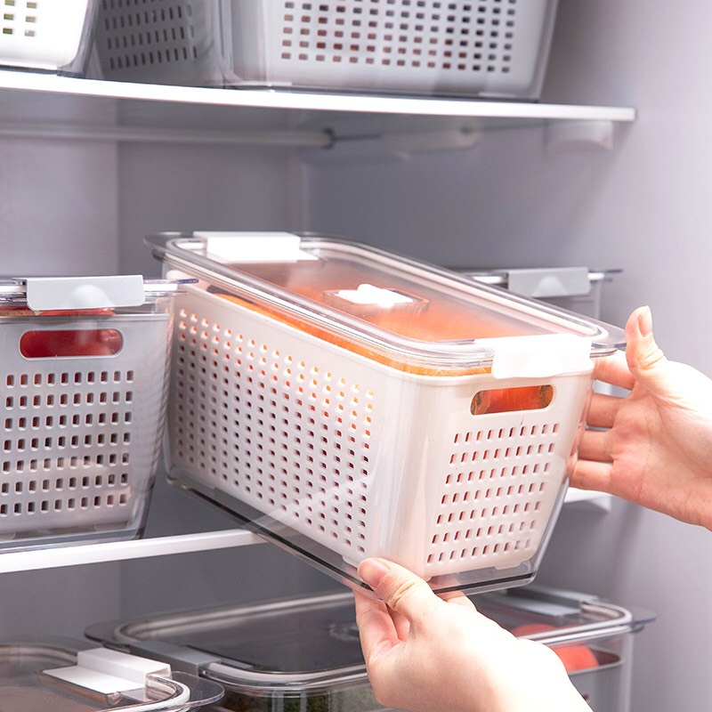 Hộp Nhựa Đựng Thực Phẩm 2 Lớp Kèm Rổ, Có Lỗ Thoát Nước Khóa Thoát Khí Dễ Dàng Bảo Quản Rau Củ