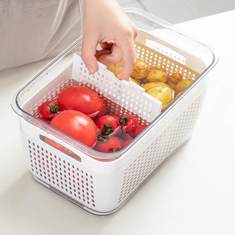 Hộp Nhựa Đựng Thực Phẩm 2 Lớp Kèm Rổ, Có Lỗ Thoát Nước Khóa Thoát Khí Dễ Dàng Bảo Quản Rau Củ