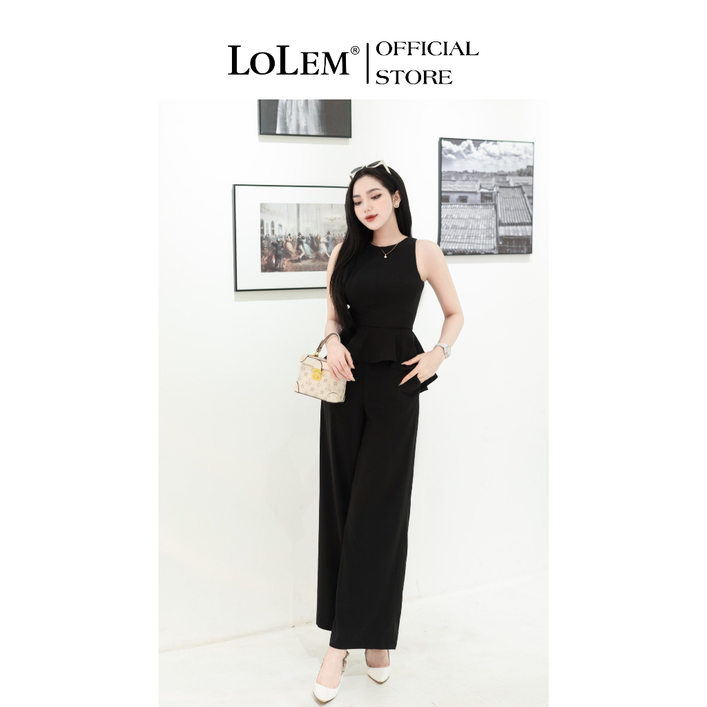 Set áo peplum quần ống suông LOLEM SQ063 cổ tròn chất linen lụa mềm mại