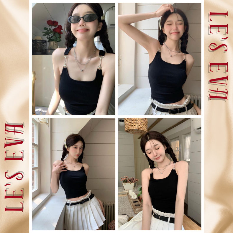 Áo ngắn 2 dây không tay sát nách Cotton trơn phối dây quai xích đệm ngực mềm mại thoải mái CT03 - LESEVA STORE